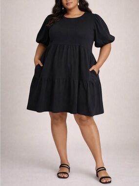 Black Puff-Sleeve Tiered Dress - Women